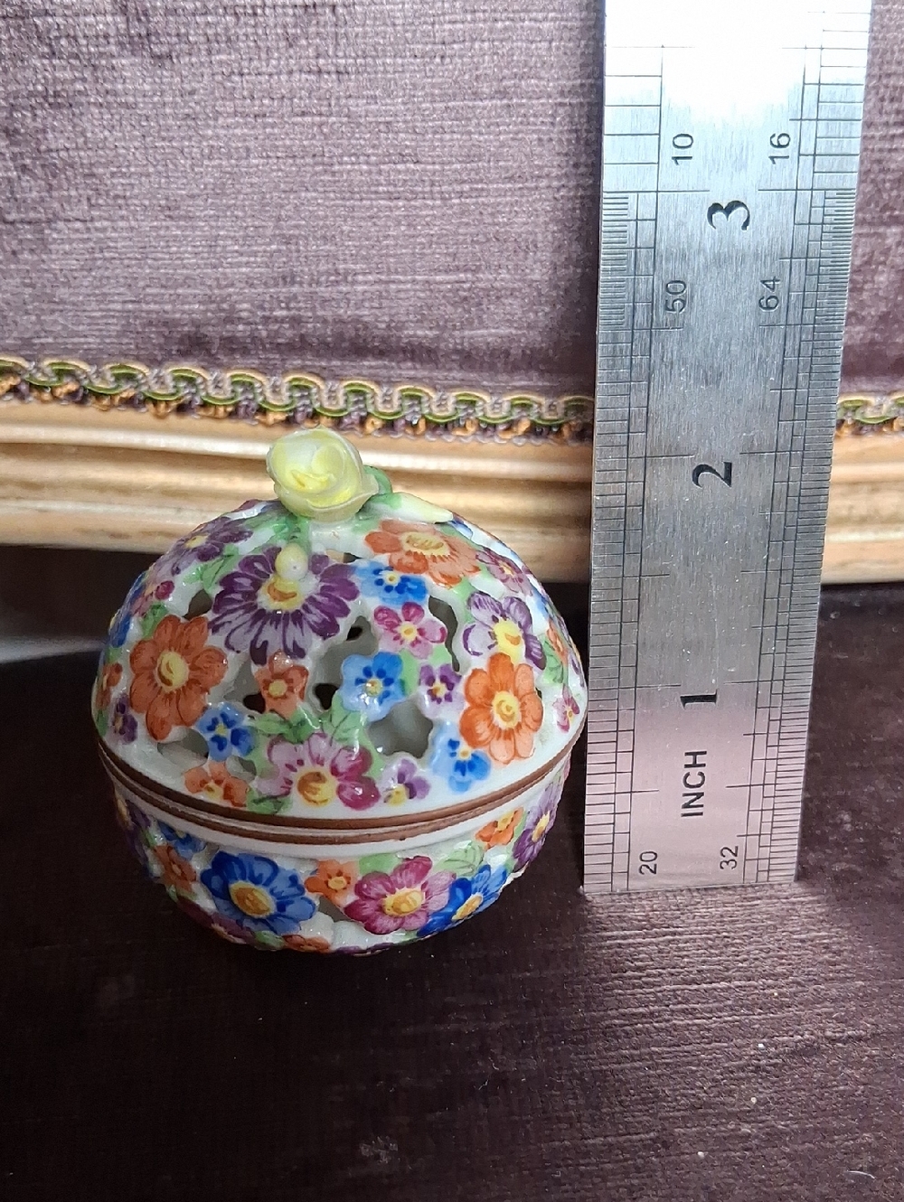 Herend Hand-Painted Floral Domed Trinket Box with Yellow Rose Finial